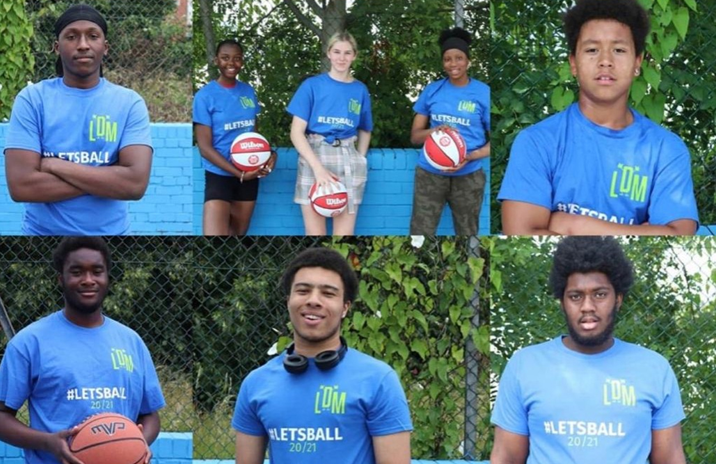 A group of young people pose for a photo whilst holding basketballs.